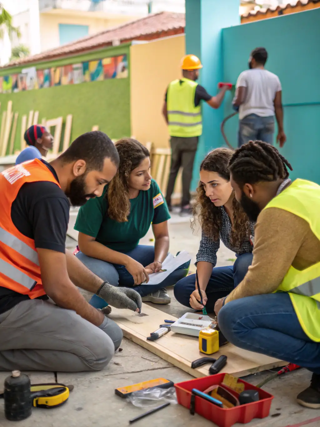 A heartwarming image of PANTOUM volunteers assisting with an art installation at a local community center, demonstrating the organization's commitment to supporting local initiatives and enriching community spaces through art.