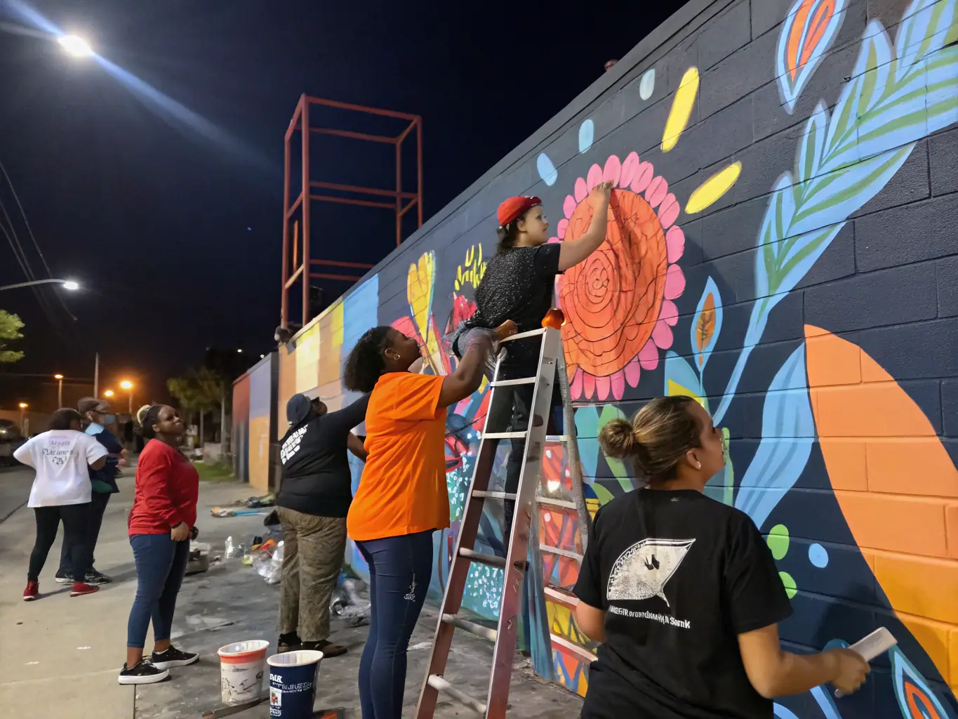 A heartwarming photograph of PANTOUM volunteers collaborating on a community art project, painting a mural in a local neighborhood. The mural depicts scenes of cultural diversity and community unity, reflecting PANTOUM's commitment to social impact.
