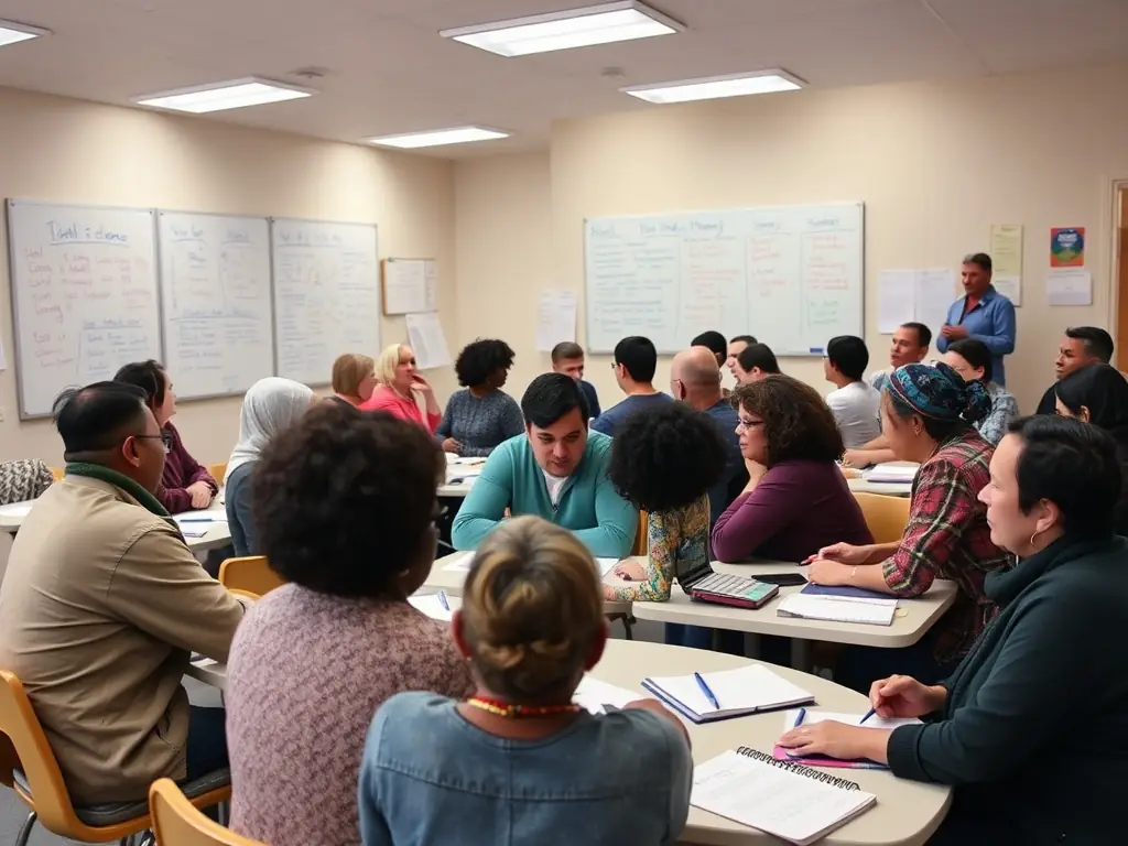 A vibrant photograph capturing a group of diverse participants engaged in a PANTOUM workshop, focused on developing public speaking skills. The setting is a community center, with natural light streaming through the windows, creating a warm and inviting atmosphere.