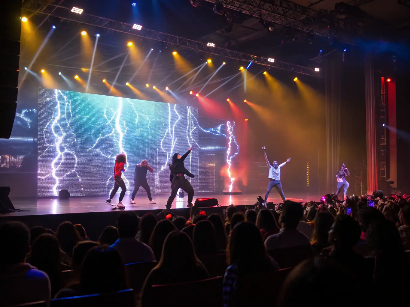 A dynamic image showcasing a live PANTOUM performance in a public space, with a diverse audience captivated by the artistry. The performance features a blend of theater, dance, and multimedia elements, creating a visually stunning and emotionally resonant experience.