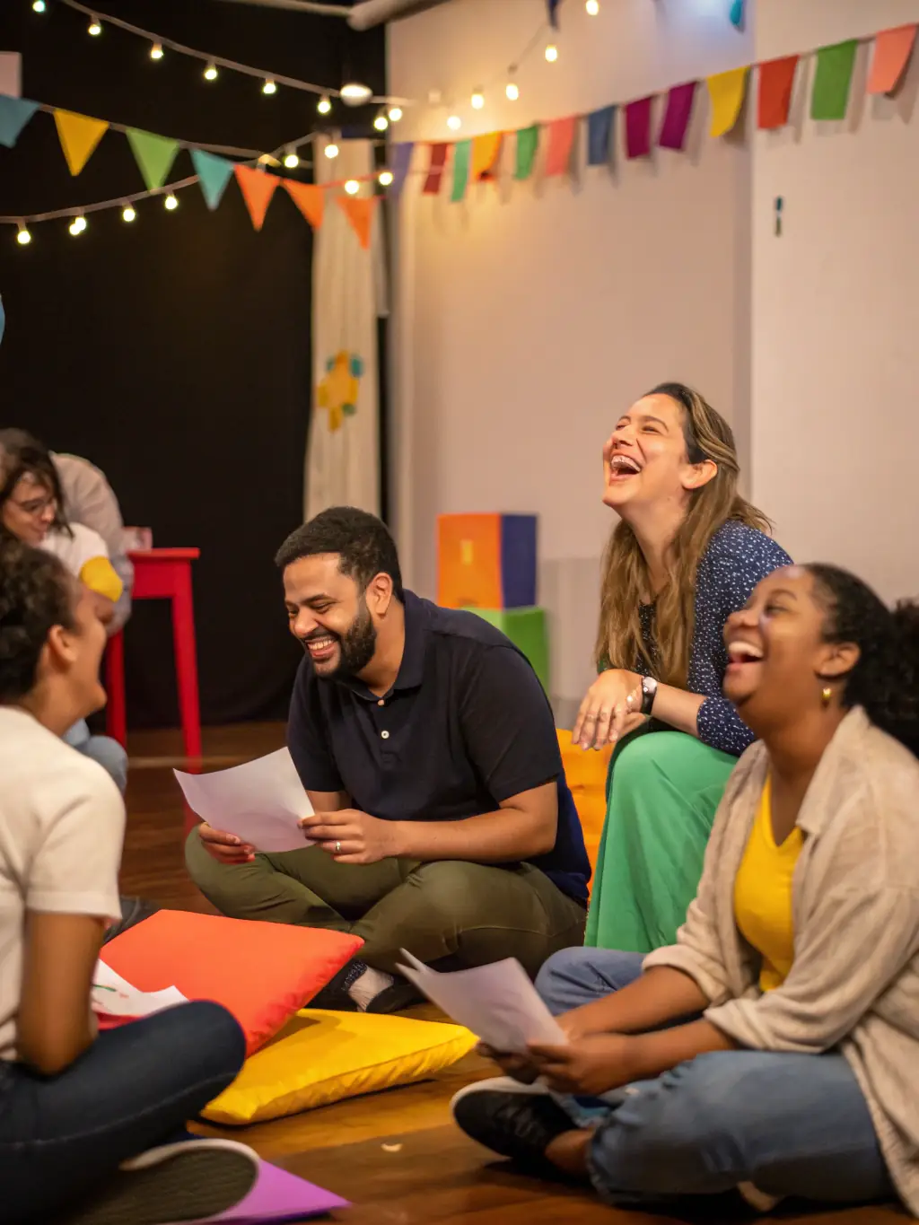 A photograph capturing a workshop session where participants are actively engaged in a drama exercise, fostering teamwork and creative problem-solving.